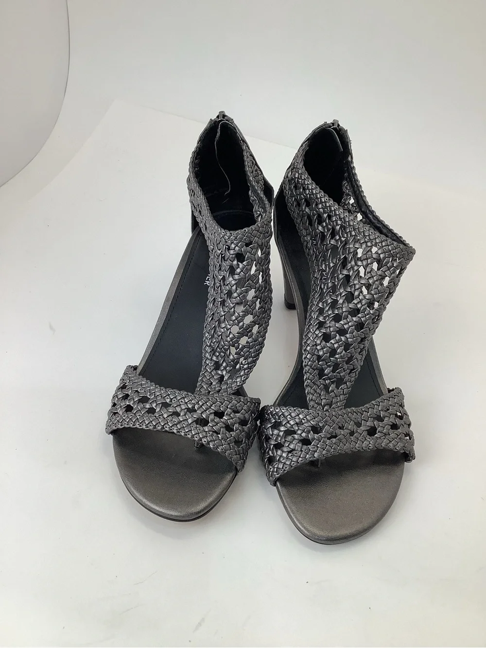 Donald J. Pliner Verona Gray Woven Leather Mid Heel Sandals